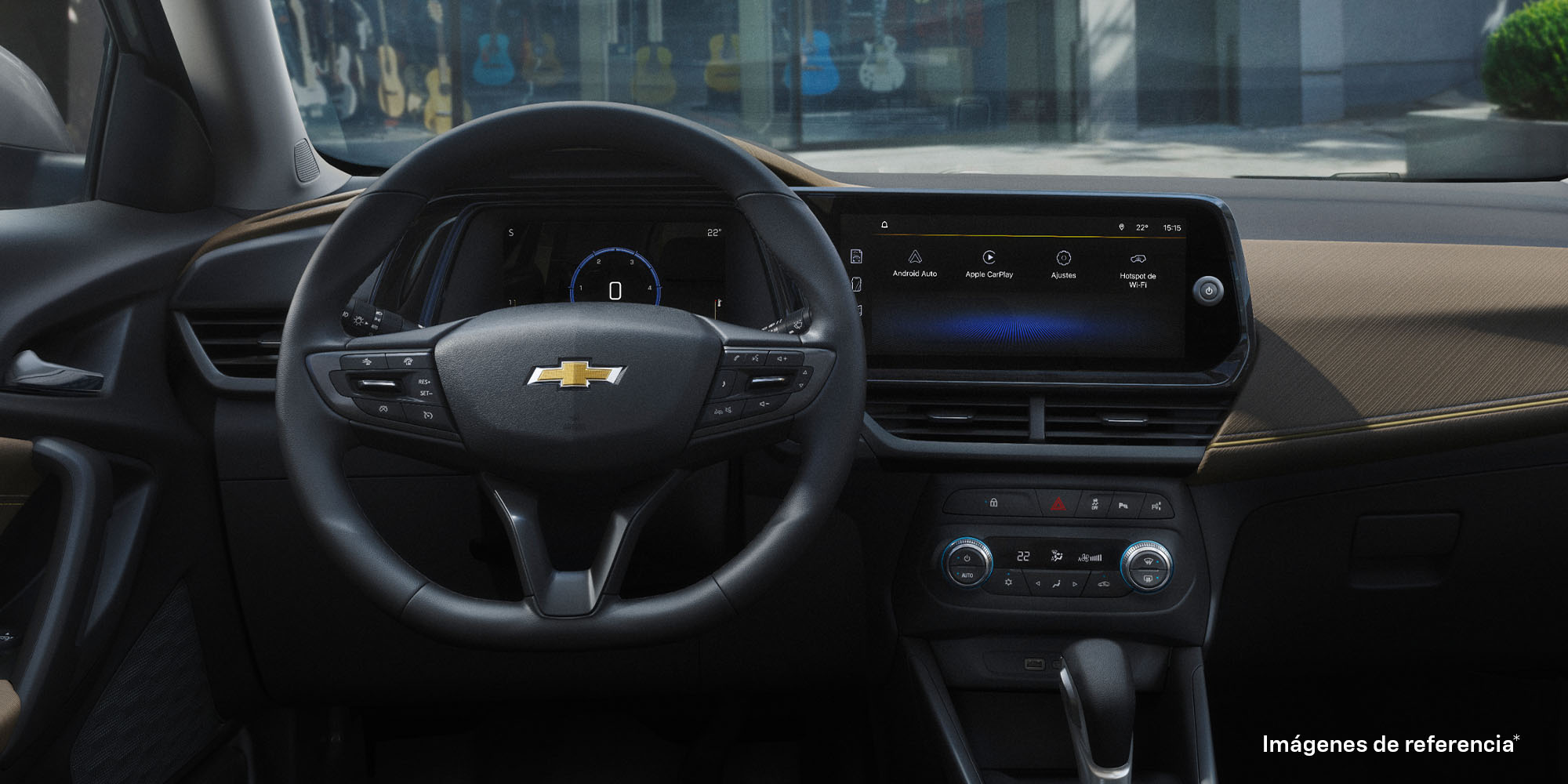 Interior con volante y pantalla multimedia de la Tracker 2026